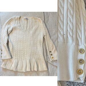 BOSTON PROPER Ivory Cable Knit Sweater with golden Button Accents size medium